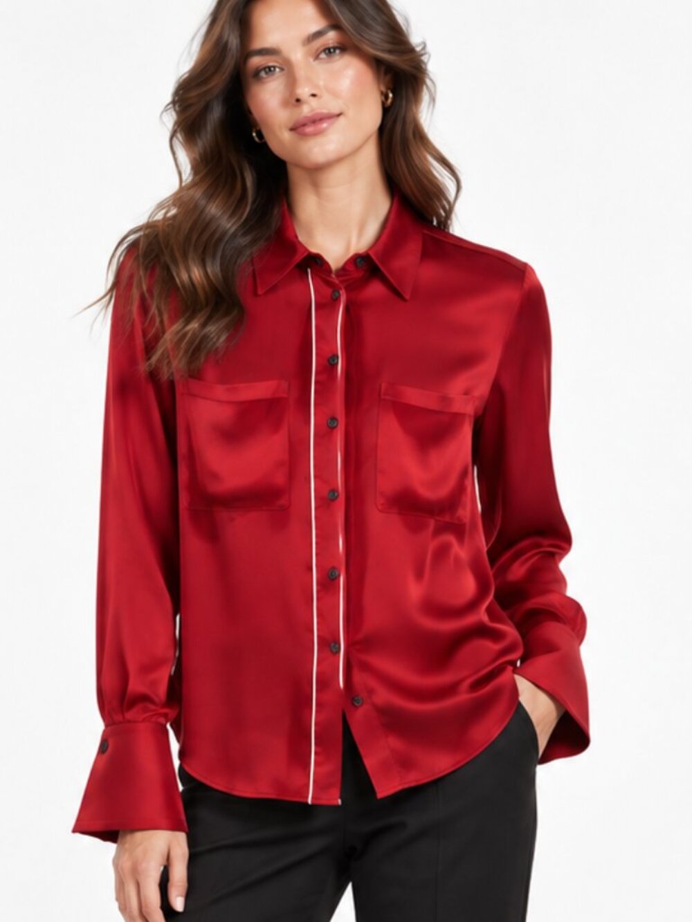 NWT Ramy Brook Aliza Button-Front Shirt with Piping Detail Reed / Small